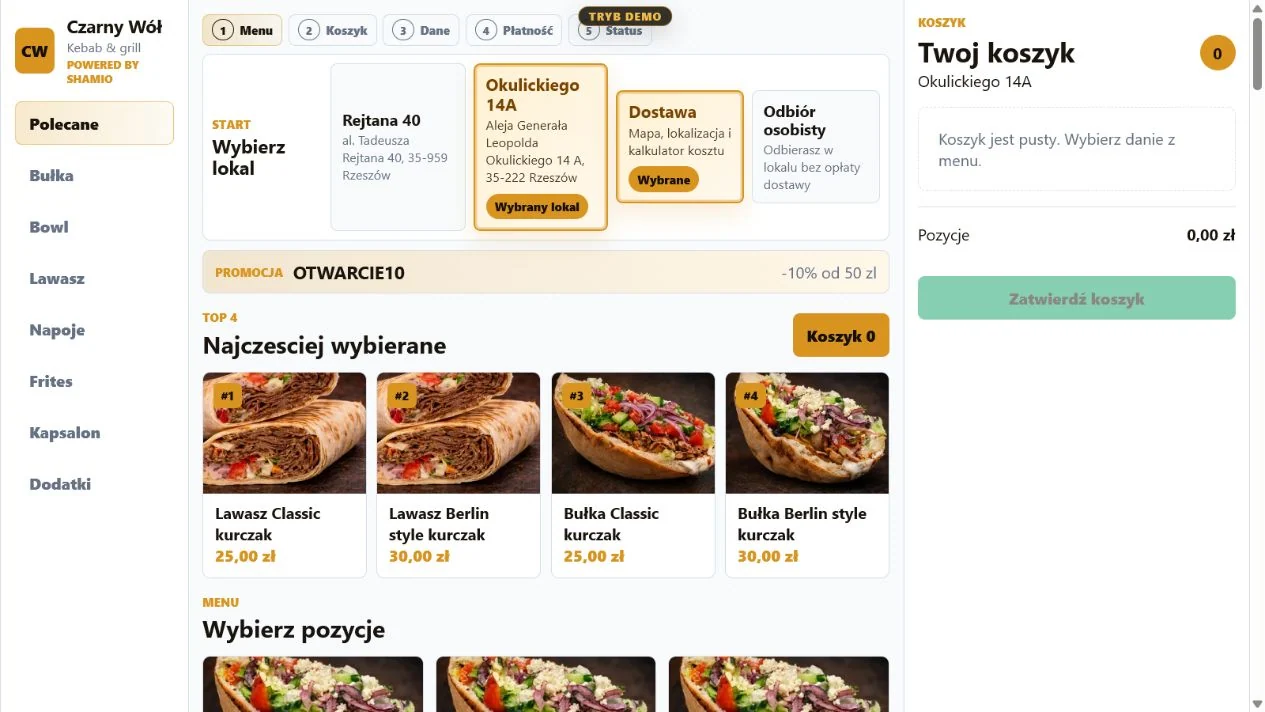 Interfejs zamówień Czarnego Wołu z wyborem lokalu, menu i koszykiem